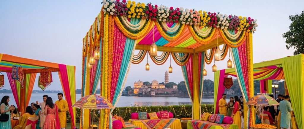 Haldi, mehndi decoration Bhopal colourful setup