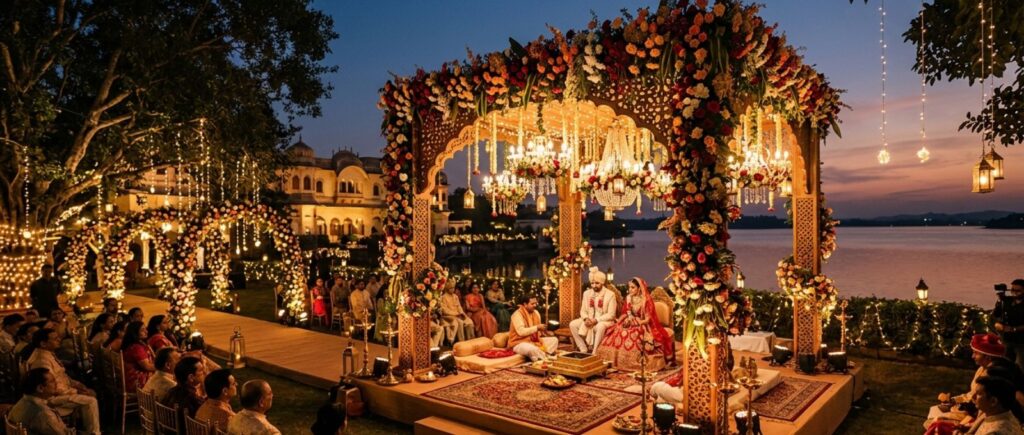 Outdoor wedding venues Bhopal mandap decoration with lights